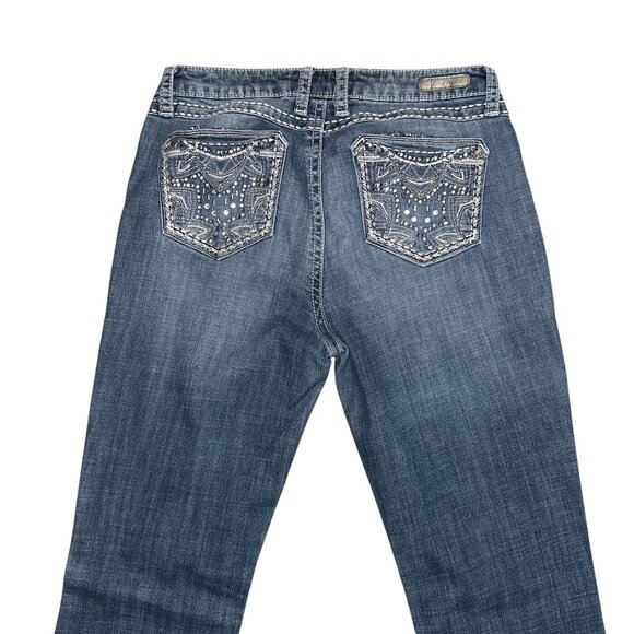 Wrangler Rock 47 Bootcut Jeans Juniors 9 36 Embroidered Low Rise Blue Rhinestone - Picture 6 of 8